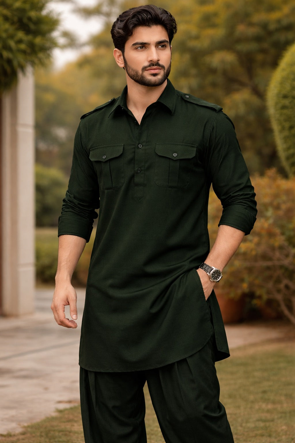 Bottle Green Pathani Kurta-Bottom Set