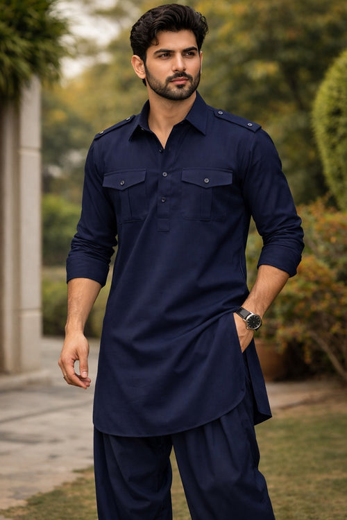 Navy Blue Pathani Kurta-Bottom Set