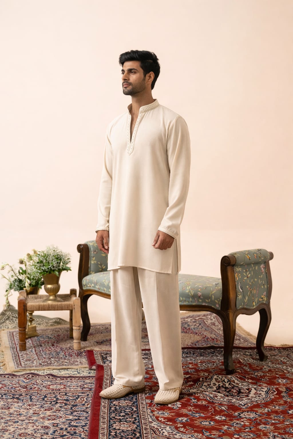 Beige Armani Kurta–Bottom Set with Hand Work