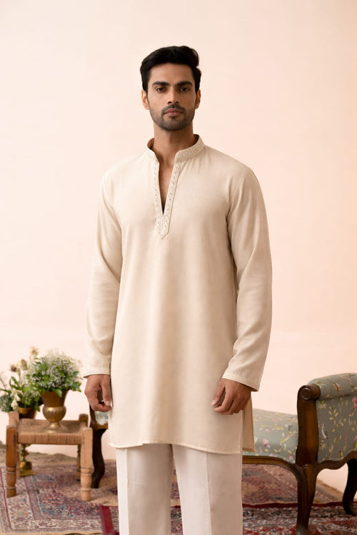 Beige Armani Kurta–Bottom Set with Hand Work