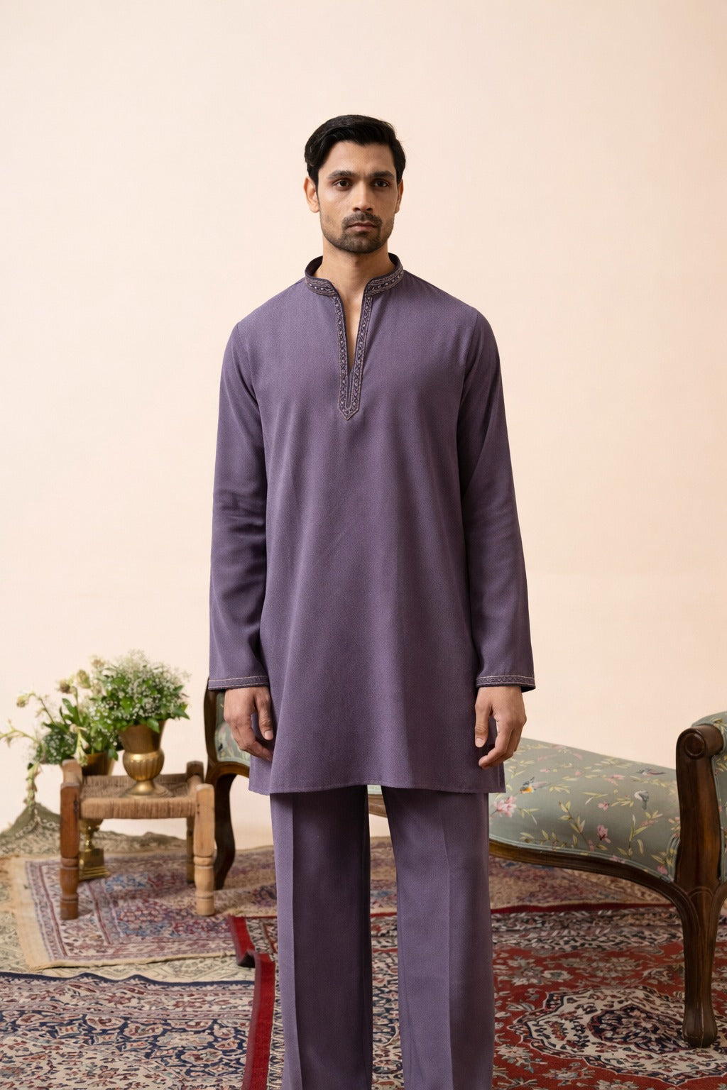 Lavender Armani Kurta–Bottom Set with Hand Work