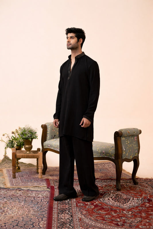 Black Armani Kurta–Bottom Set with Hand Work