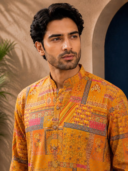 Yellow Silk Straight Cut Long Kurta Set with Foil Work