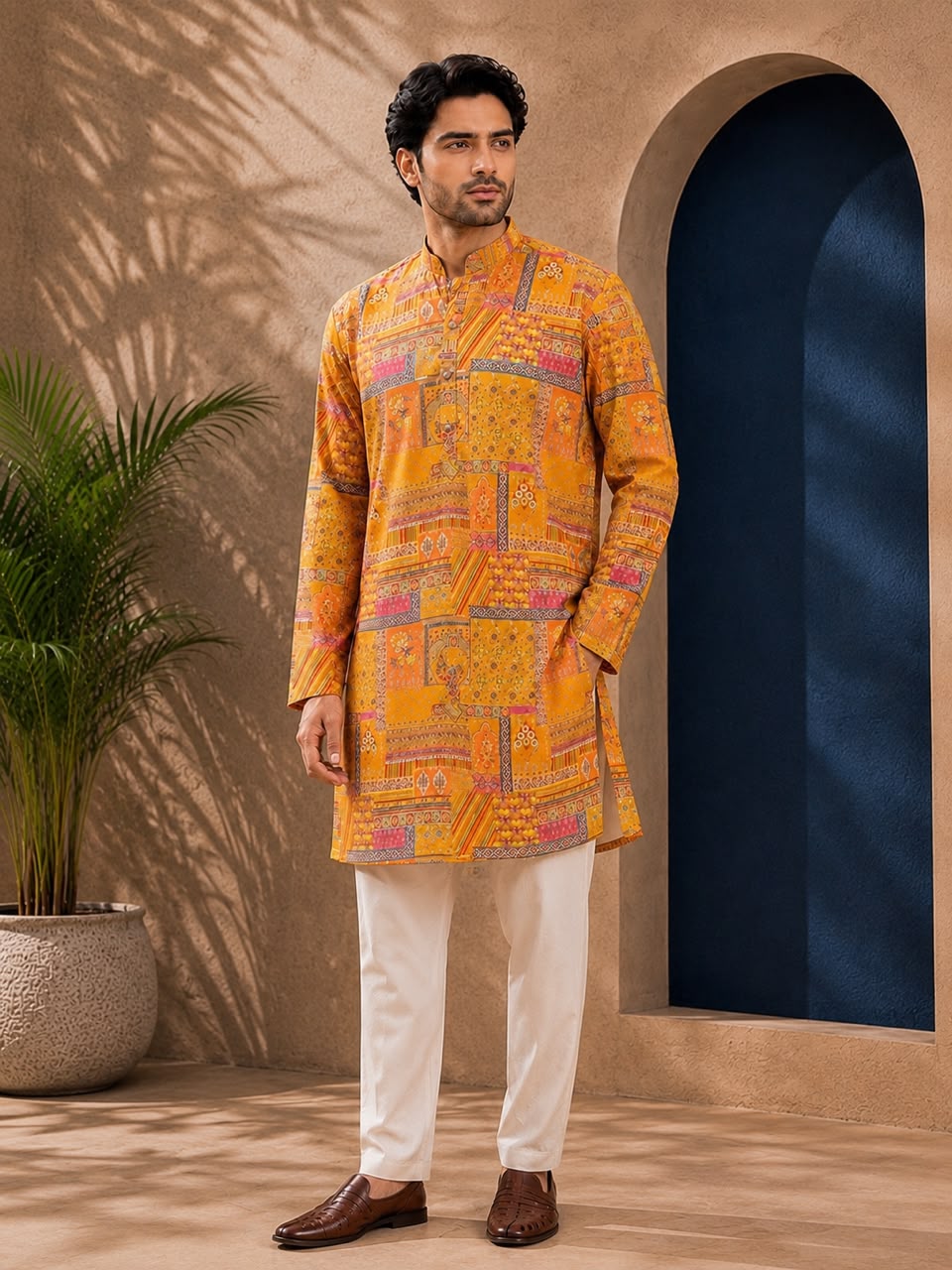 Yellow Silk Straight Cut Long Kurta Set with Foil Work