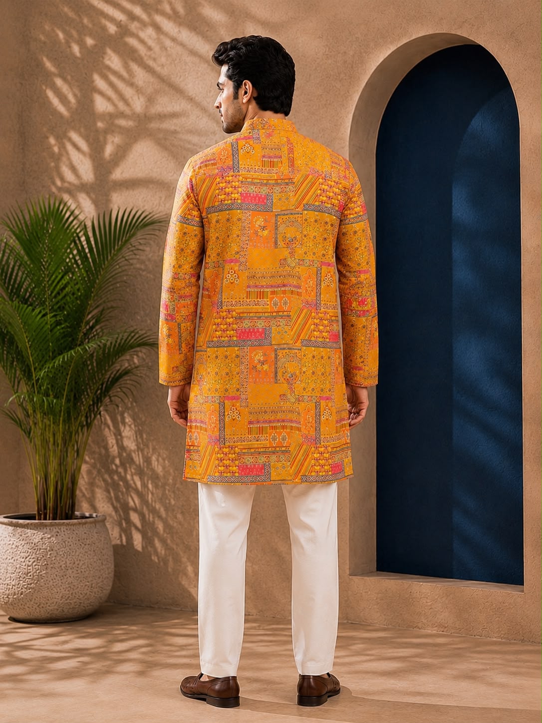 Yellow Silk Straight Cut Long Kurta Set with Foil Work