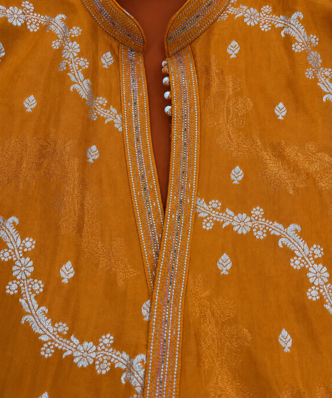 Orange Jacquard Silk Short Kurta Set with Multicolour Embroidery & Bead Work