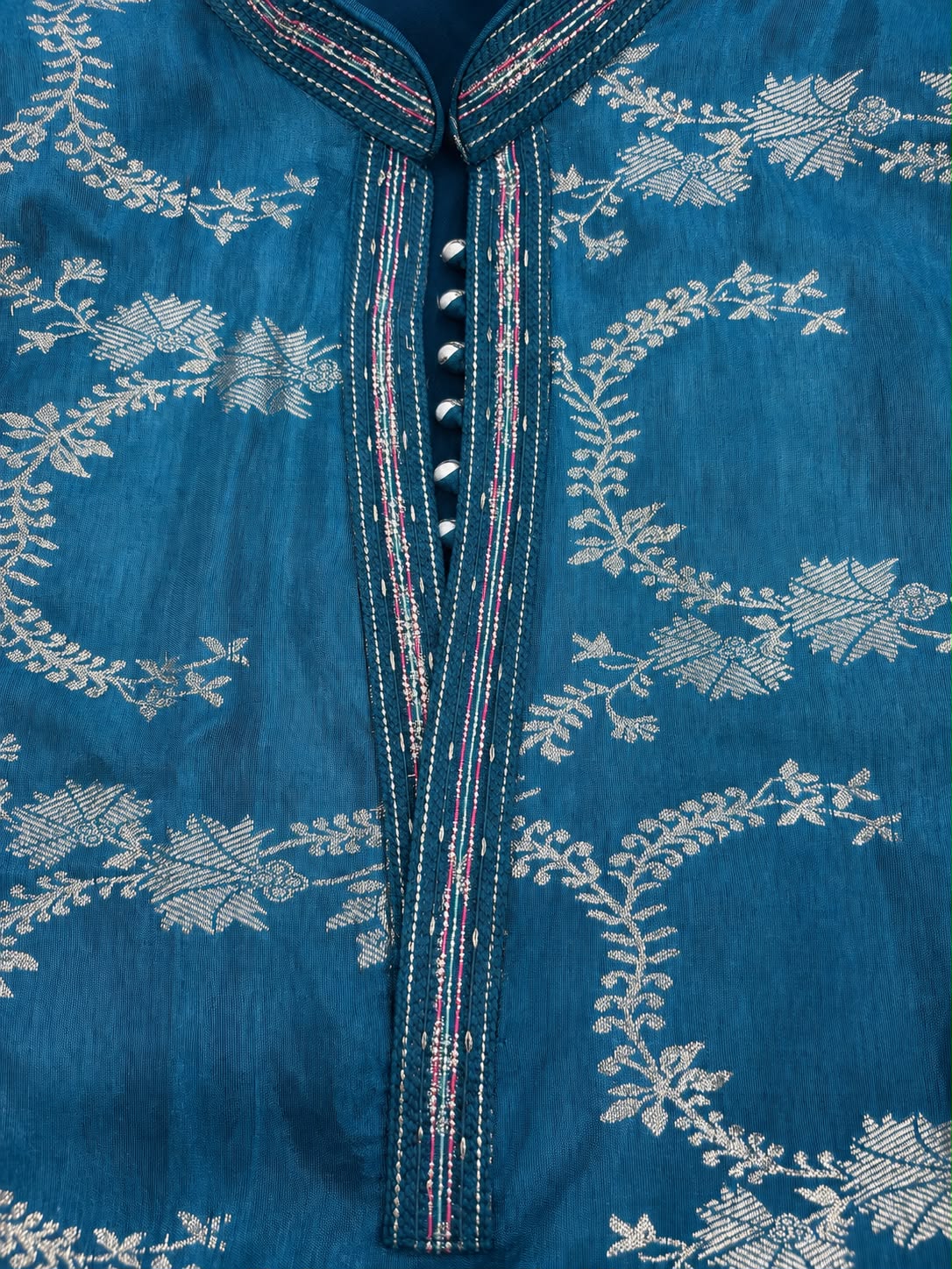 Blue Jacquard Silk Short Kurta Set with Multicolour Embroidery & Bead Work