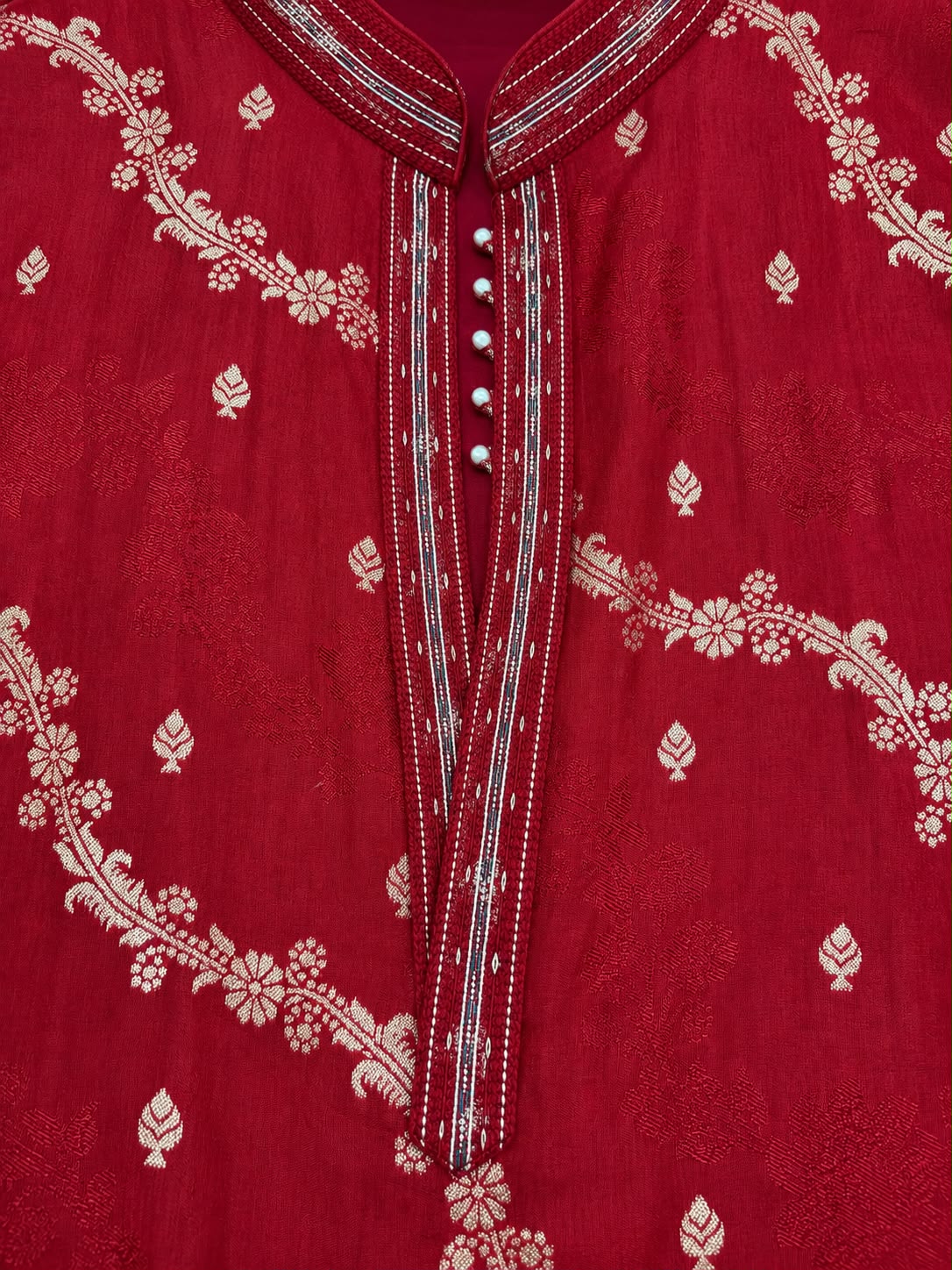Red Jacquard Silk Short Kurta Set with Multicolour Embroidery & Bead Work