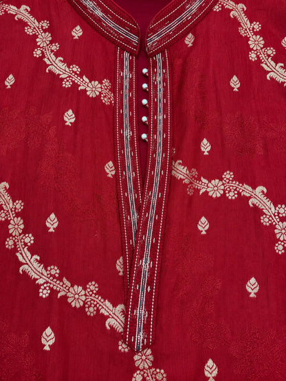 Red Jacquard Silk Short Kurta Set with Multicolour Embroidery & Bead Work