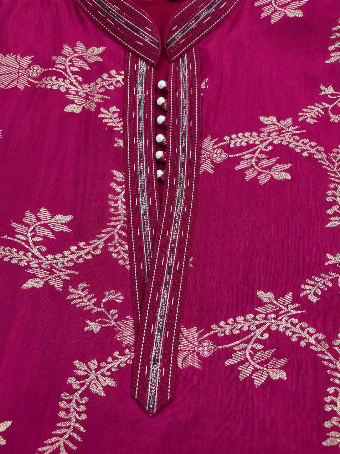 Pink Jacquard Silk Short Kurta Set with Multicolour Embroidery & Bead Work