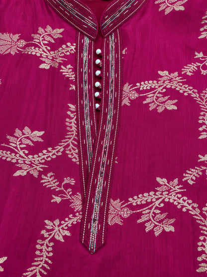 Pink Jacquard Silk Short Kurta Set with Multicolour Embroidery & Bead Work
