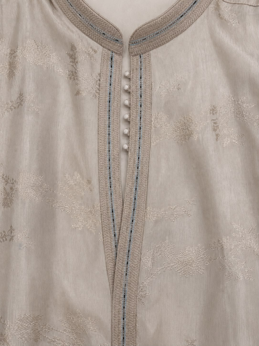 Fawn Jacquard Silk Short Kurta Set with Multicolour Embroidery & Bead Work