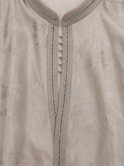 Fawn Jacquard Silk Short Kurta Set with Multicolour Embroidery & Bead Work