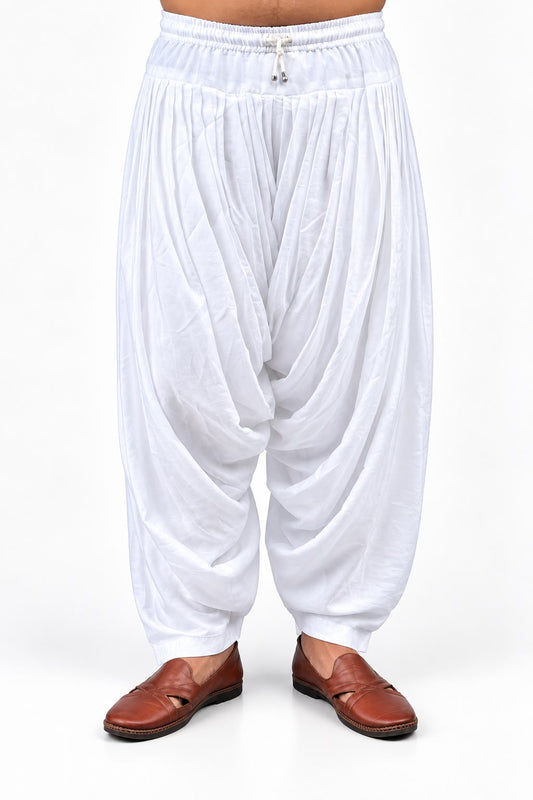 White Chiffon Crush Patiala Pant with Drawstring and Elastic Waist