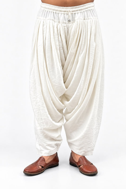 Off White Chiffon Crush Patiala Pant with Drawstring and Elastic Waist