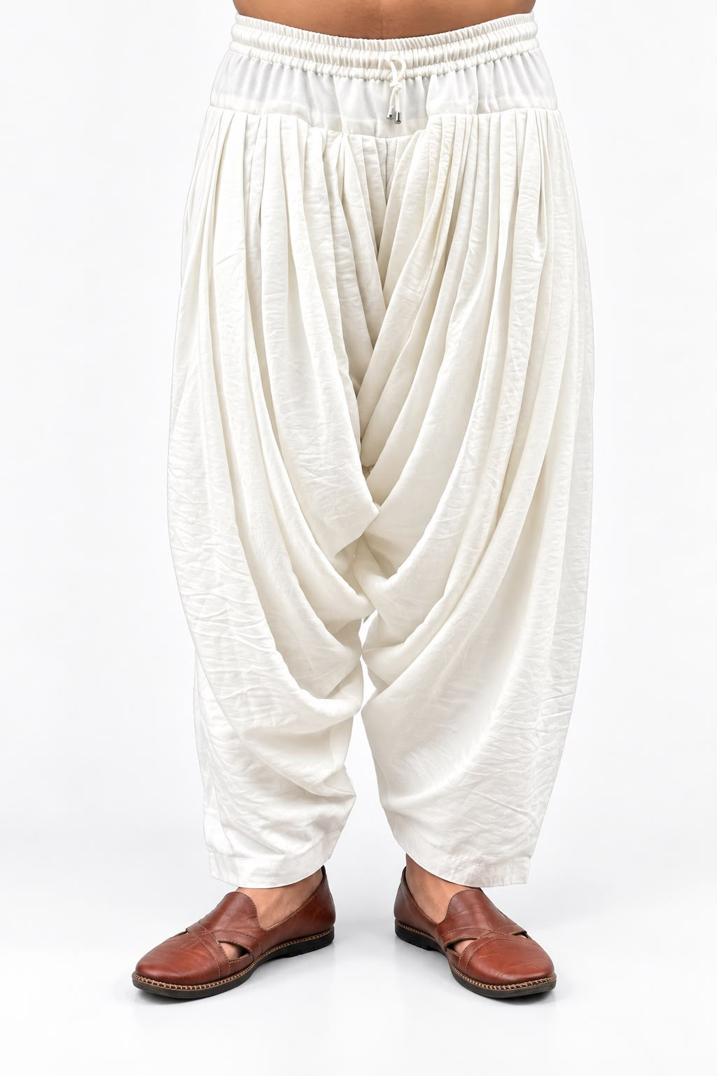 Off White Chiffon Crush Patiala Pant with Drawstring and Elastic Waist