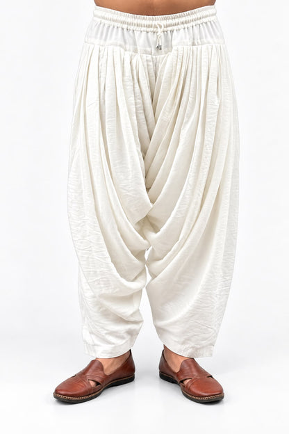 Off White Chiffon Crush Patiala Pant with Drawstring and Elastic Waist