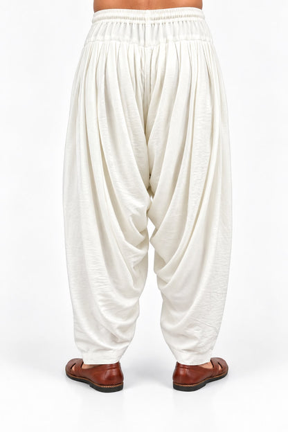 Off White Chiffon Crush Patiala Pant with Drawstring and Elastic Waist