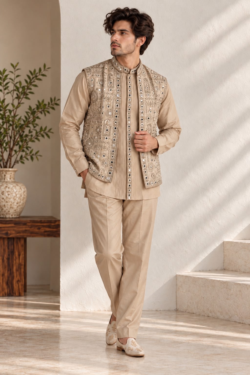 Golden Fawn Tissue Silk Bandi Jacket Kurta Set with Mirror Work and Thread Embroidery