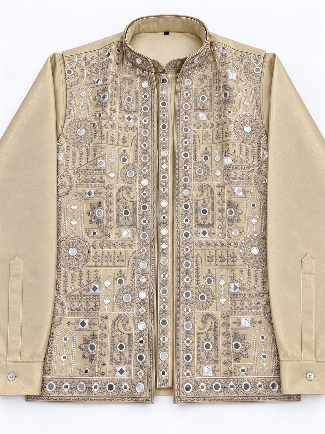 Golden Fawn Tissue Silk Bandi Jacket Kurta Set with Mirror Work and Thread Embroidery