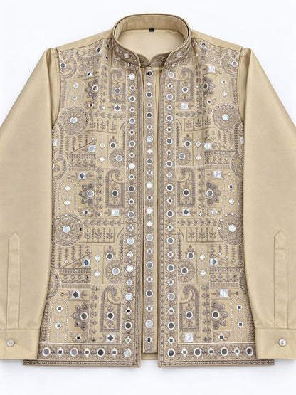 Golden Fawn Tissue Silk Bandi Jacket Kurta Set with Mirror Work and Thread Embroidery