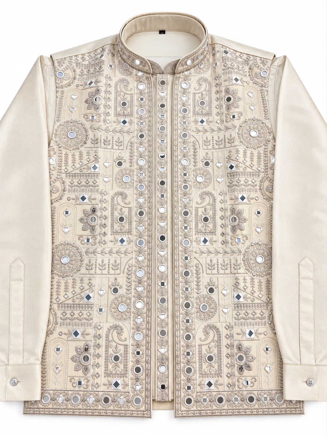 Cream Tissue Silk Bandi Jacket Kurta Set with Mirror Work and Thread Embroidery