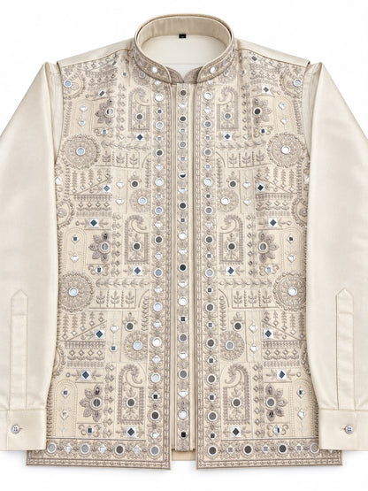 Cream Tissue Silk Bandi Jacket Kurta Set with Mirror Work and Thread Embroidery