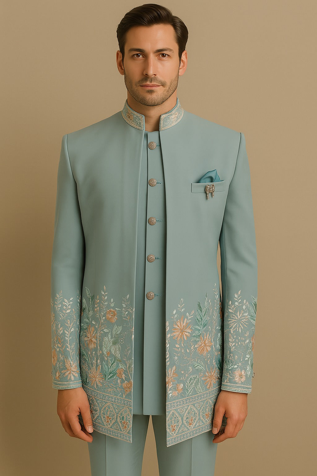 Men's Floral Embroidered 3-Piece Jodhpuri Set with Brooch