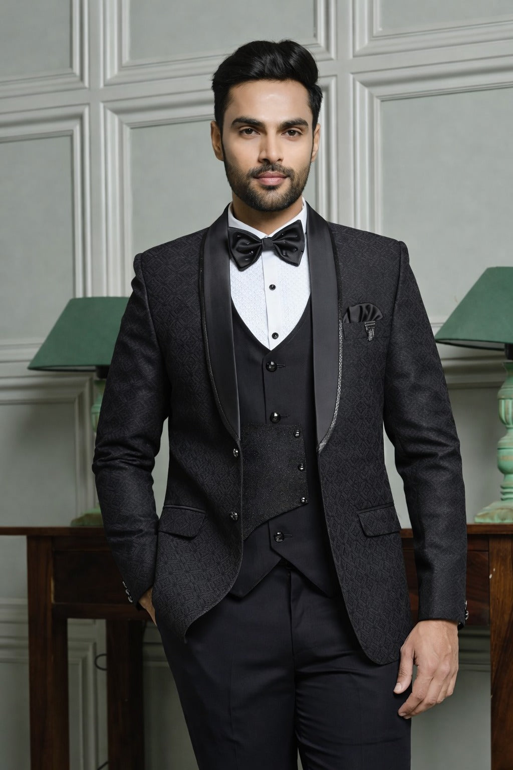 Jacquard Shawl Collar Tuxedo Suit with Dual Waistcoat