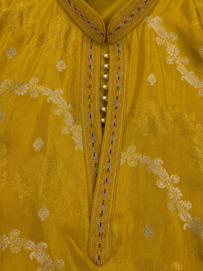 Yellow Jacquard Silk Short Kurta Set with Multicolour Embroidery & Bead Work