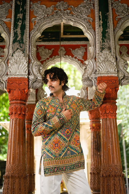 Men's Multicolour Natural Crepe Kurta Set with Golden Zari & Corded Embroidery
