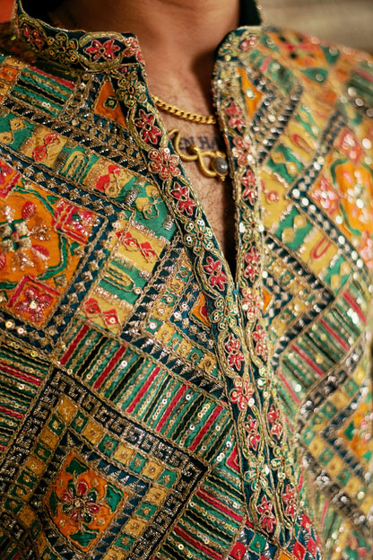 Men's Multicolour Natural Crepe Kurta Set with Golden Zari & Corded Embroidery