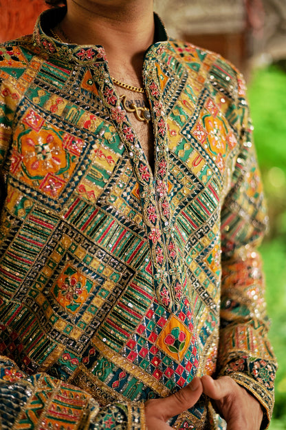 Men's Multicolour Natural Crepe Kurta Set with Golden Zari & Corded Embroidery