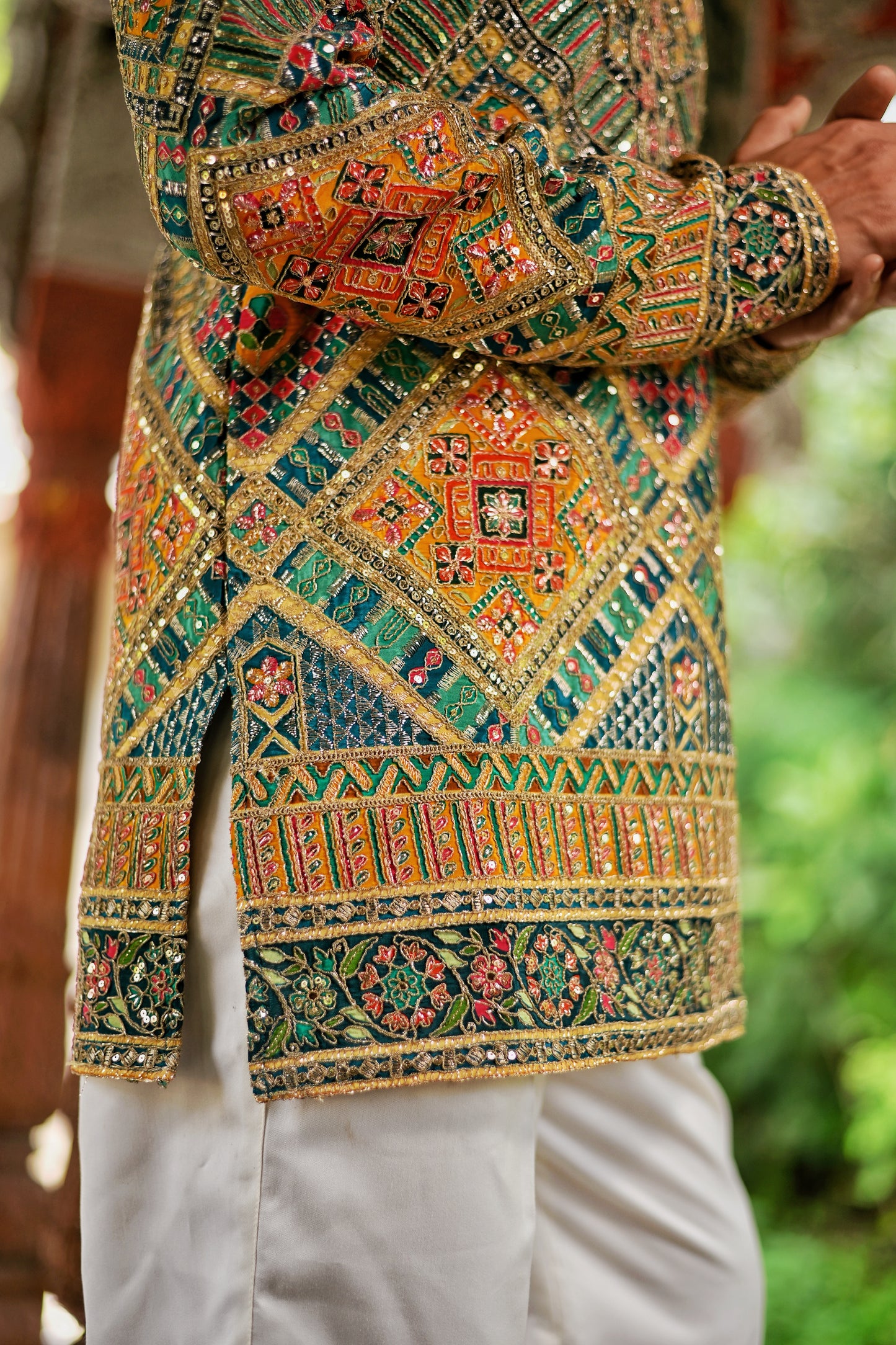 Men's Multicolour Natural Crepe Kurta Set with Golden Zari & Corded Embroidery
