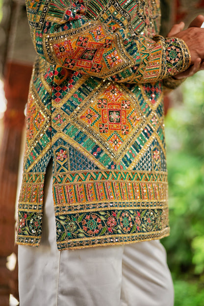 Men's Multicolour Natural Crepe Kurta Set with Golden Zari & Corded Embroidery