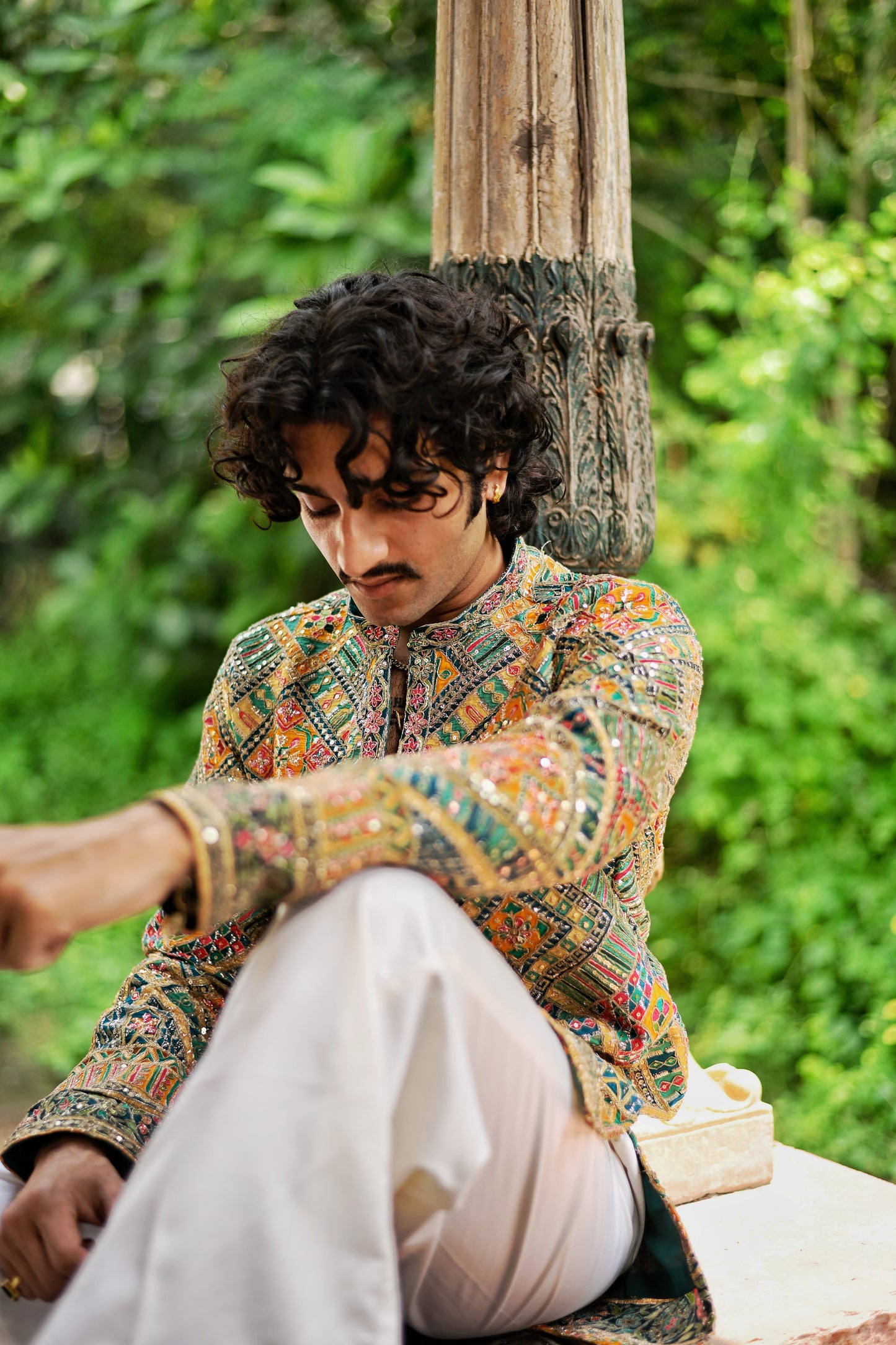 Men's Multicolour Natural Crepe Kurta Set with Golden Zari & Corded Embroidery
