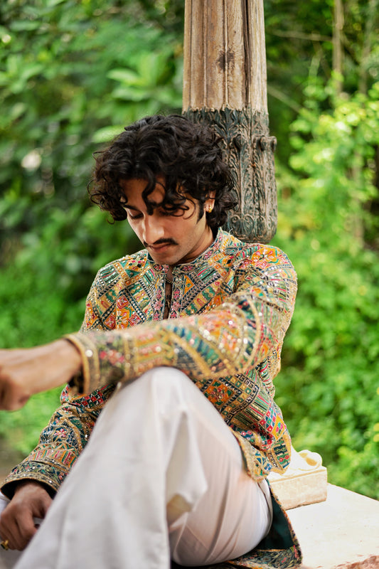 Men's Multicolour Natural Crepe Kurta Set with Golden Zari & Corded Embroidery