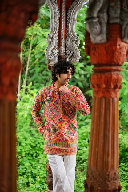 Men's Multicolour Natural Crepe Kurta Set with Golden Zari & Corded Embroidery