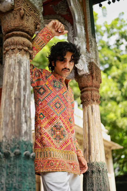 Men's Multicolour Natural Crepe Kurta Set with Golden Zari & Corded Embroidery
