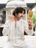 Men's Off-White Viscose Silk Kurta Set with Sequin & Mirror Work Embroidery