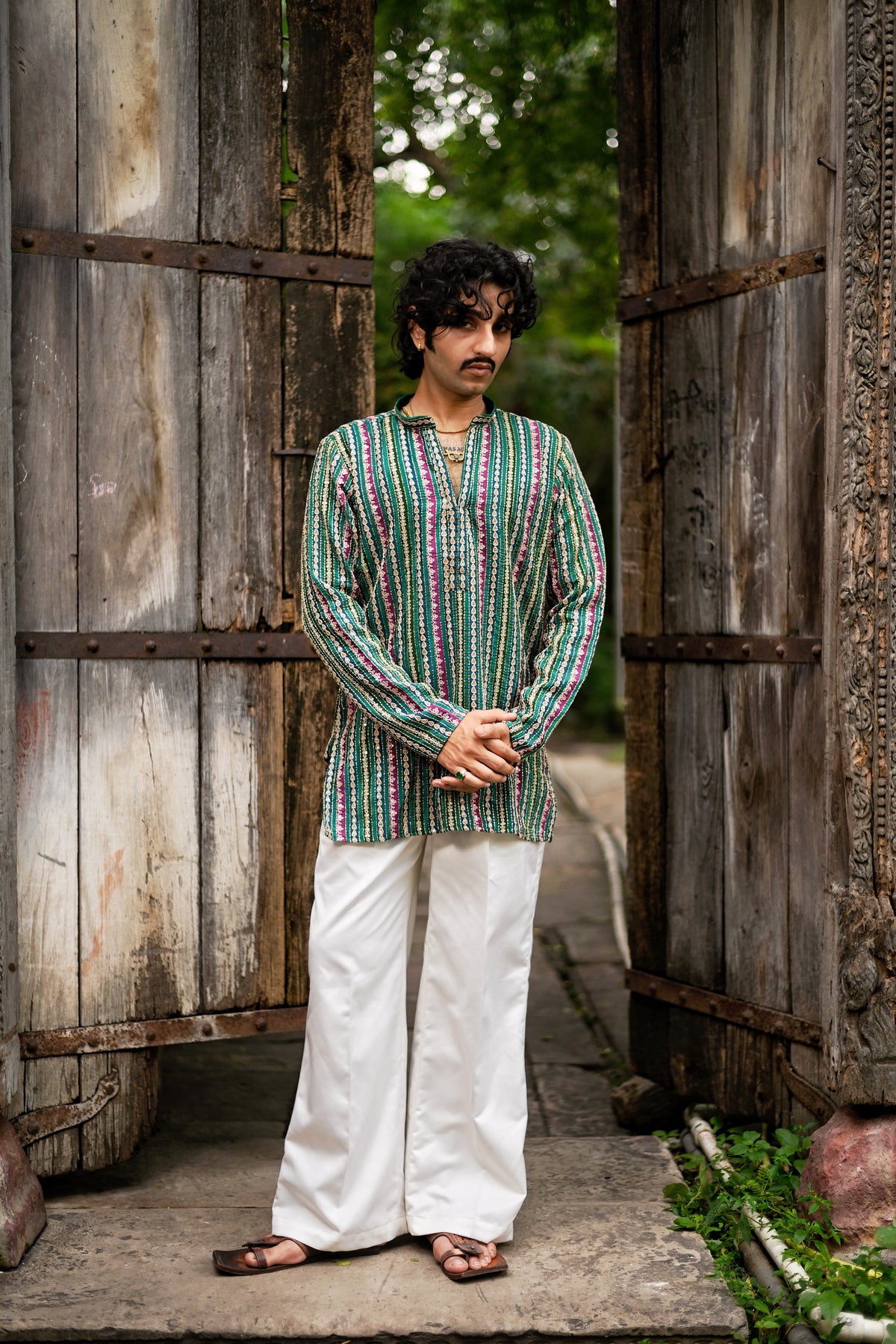 Men's Green Natural Crepe Kurta Set with Golden Zari & Corded Embroidery