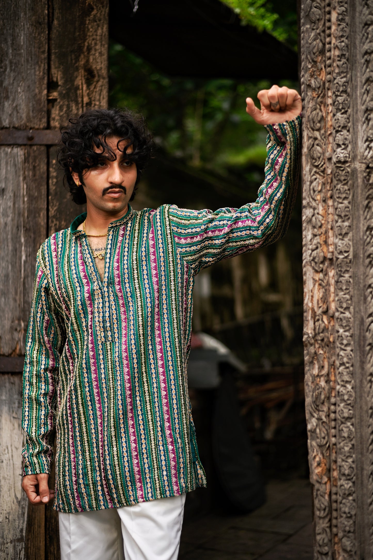 Men's Green Natural Crepe Kurta Set with Golden Zari & Corded Embroidery