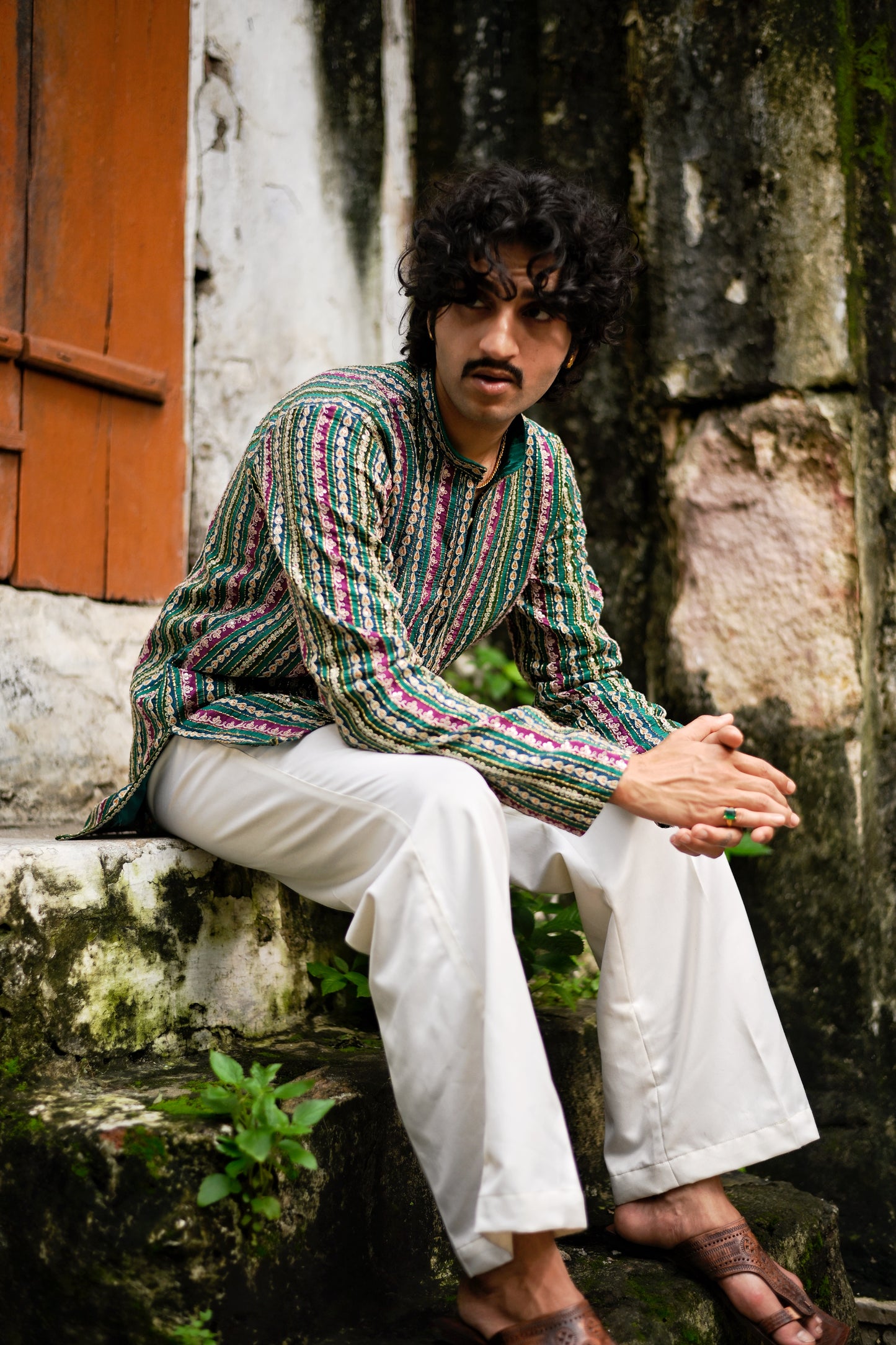 Men's Green Natural Crepe Kurta Set with Golden Zari & Corded Embroidery