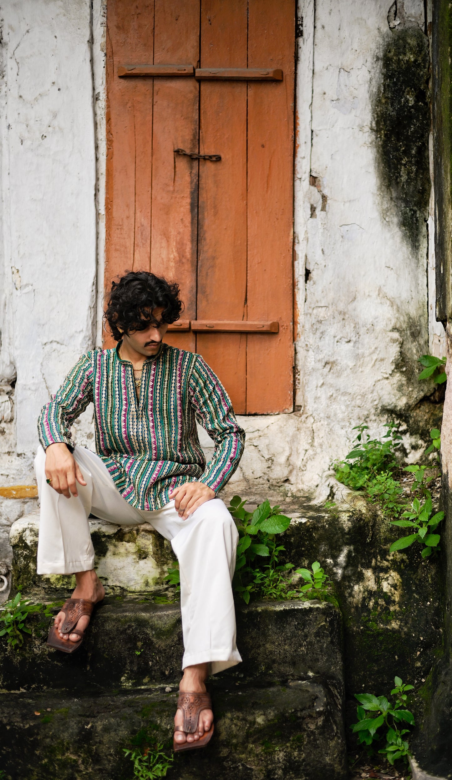 Men's Green Natural Crepe Kurta Set with Golden Zari & Corded Embroidery