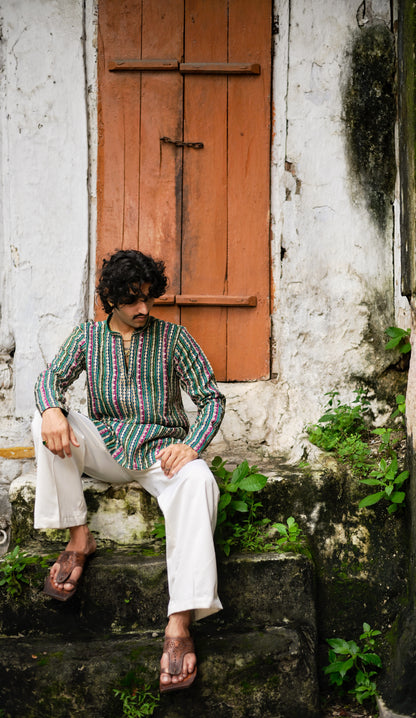 Men's Green Natural Crepe Kurta Set with Golden Zari & Corded Embroidery