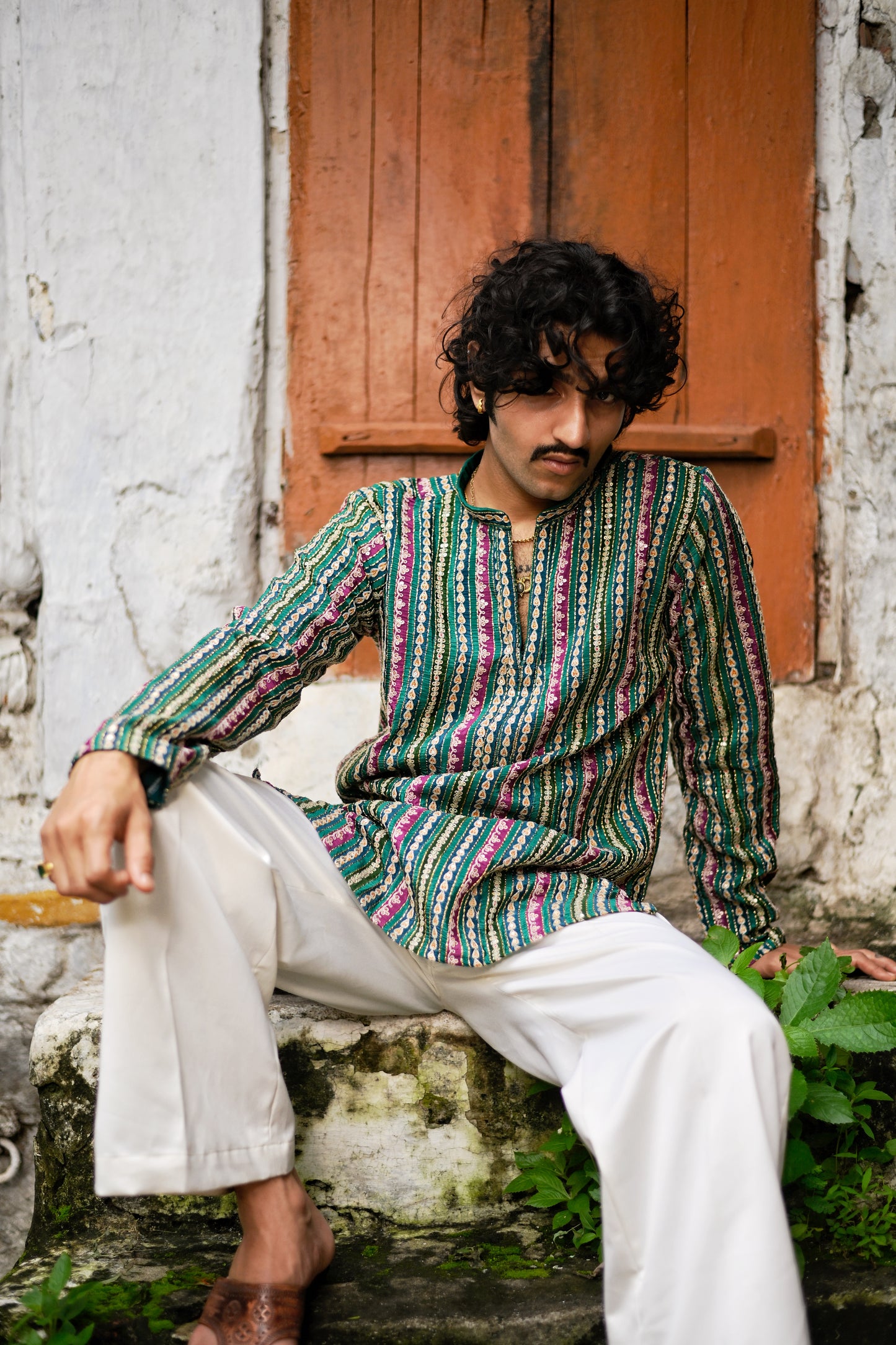 Men's Green Natural Crepe Kurta Set with Golden Zari & Corded Embroidery