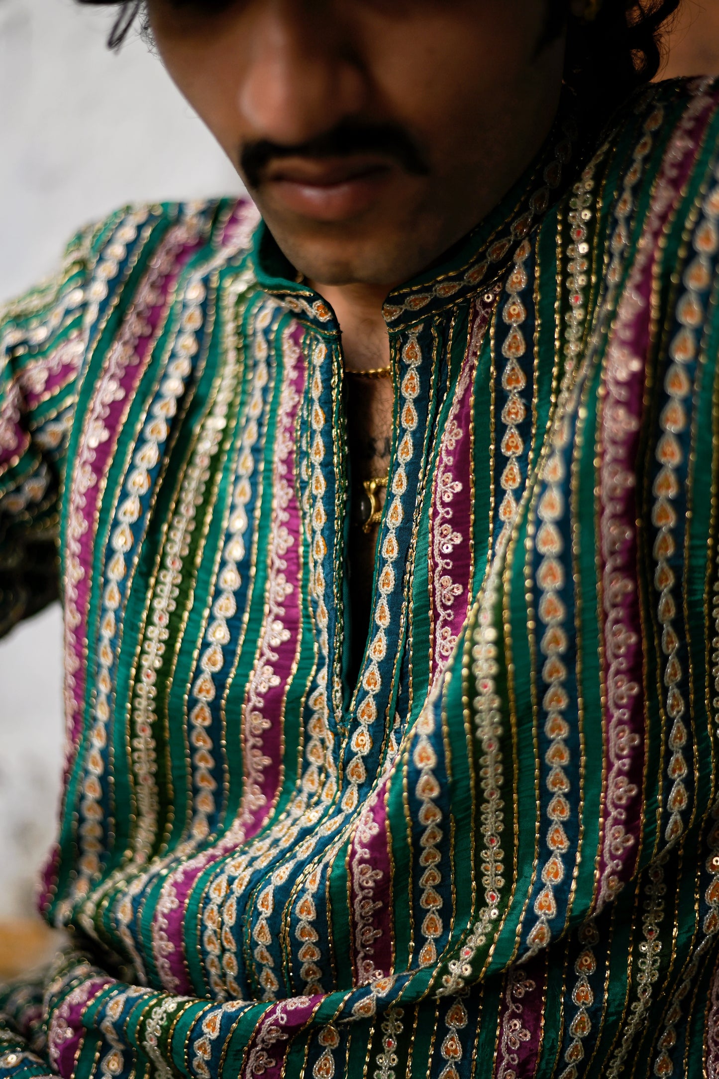 Men's Green Natural Crepe Kurta Set with Golden Zari & Corded Embroidery