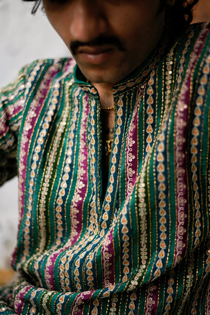 Men's Green Natural Crepe Kurta Set with Golden Zari & Corded Embroidery