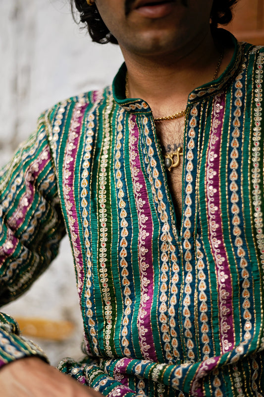 Men's Green Natural Crepe Kurta Set with Golden Zari & Corded Embroidery