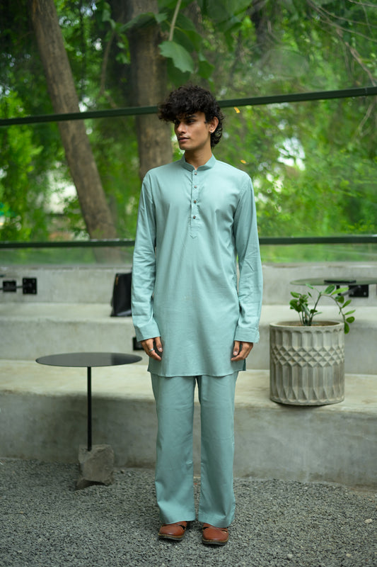 Pista Linen Blend Short Kurta Set
